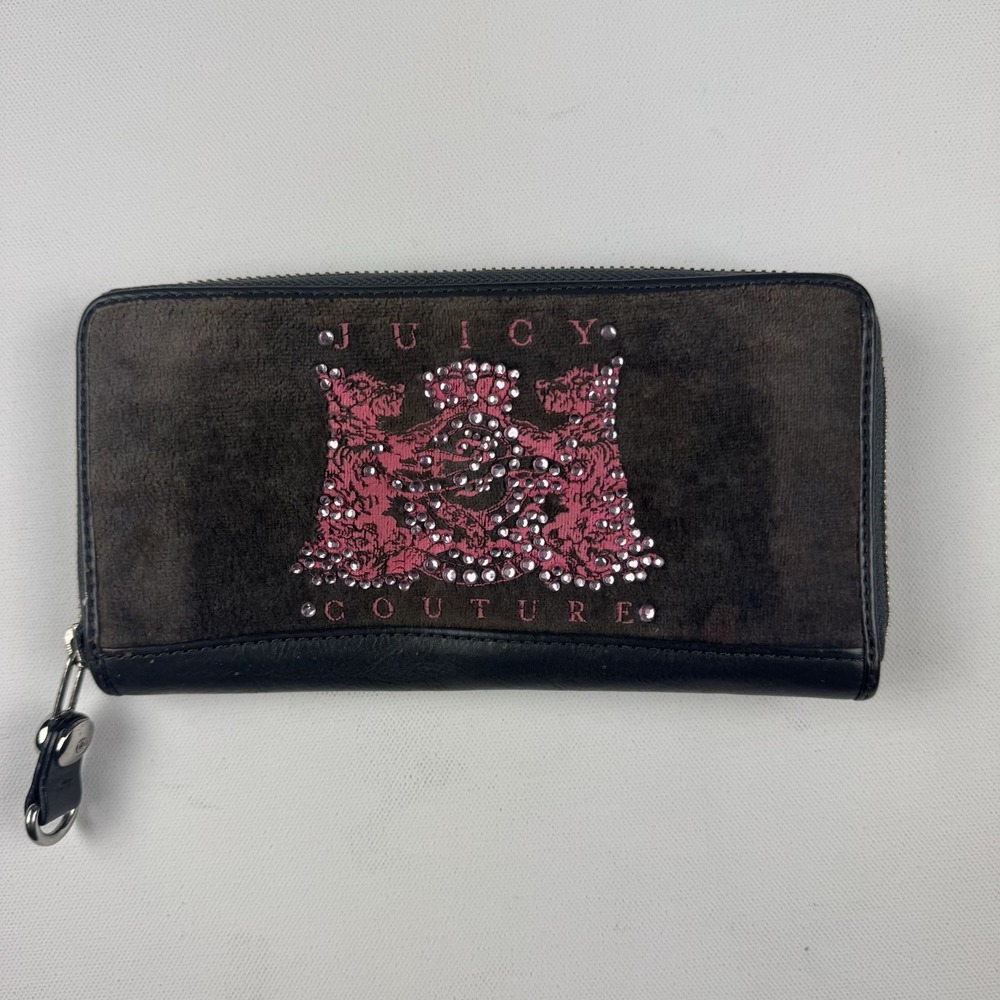 Juicy Couture Vintage Y2K Brown Suede Rhinestone Crest Zip Around Wallet